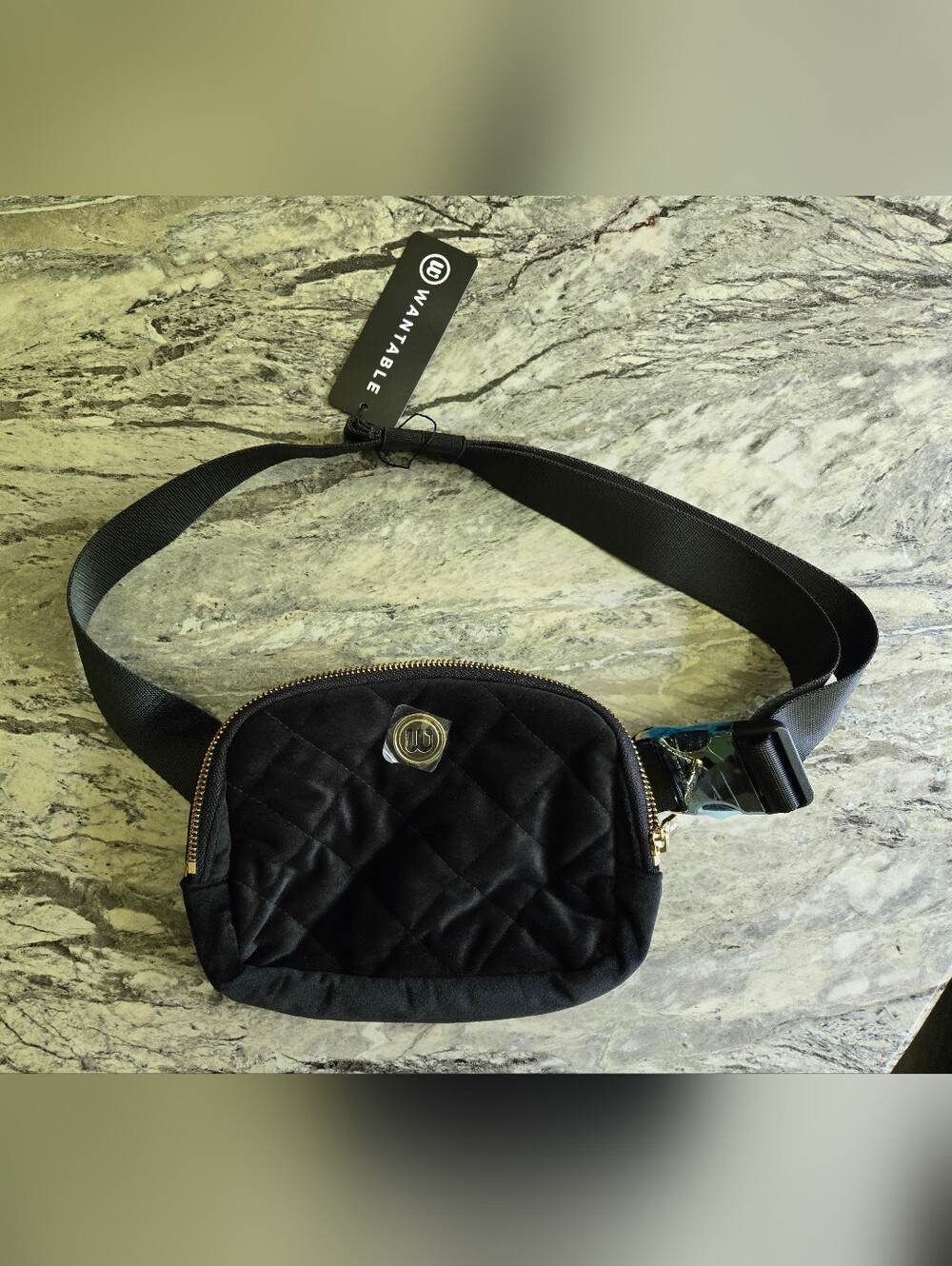 Wantable Black Quilted Fanny Pack / Cross Body Carry Bag W/ Gold Hardware - New